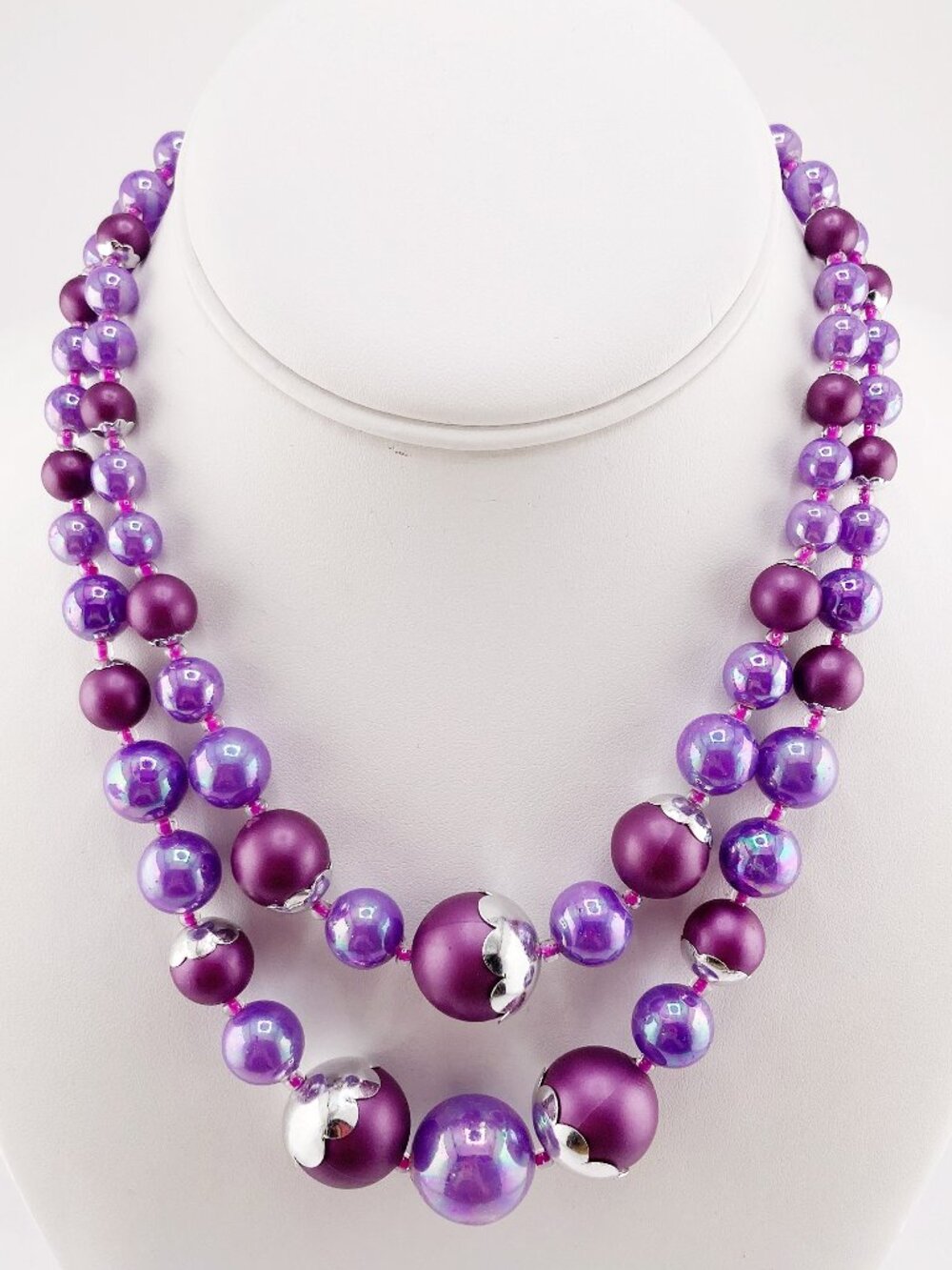 VINTAGE Pearlescent purple matte purple double strand beaded "gumball" necklace